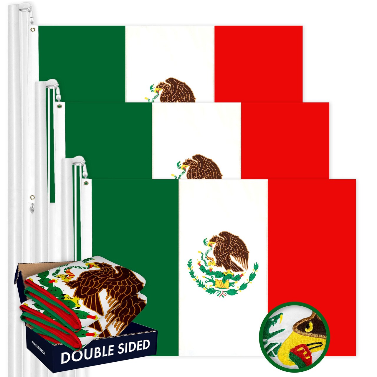 Mexico Mexican Flag 3x5 Ft 3-Pack Double-sided Embroidered Polyester By G128